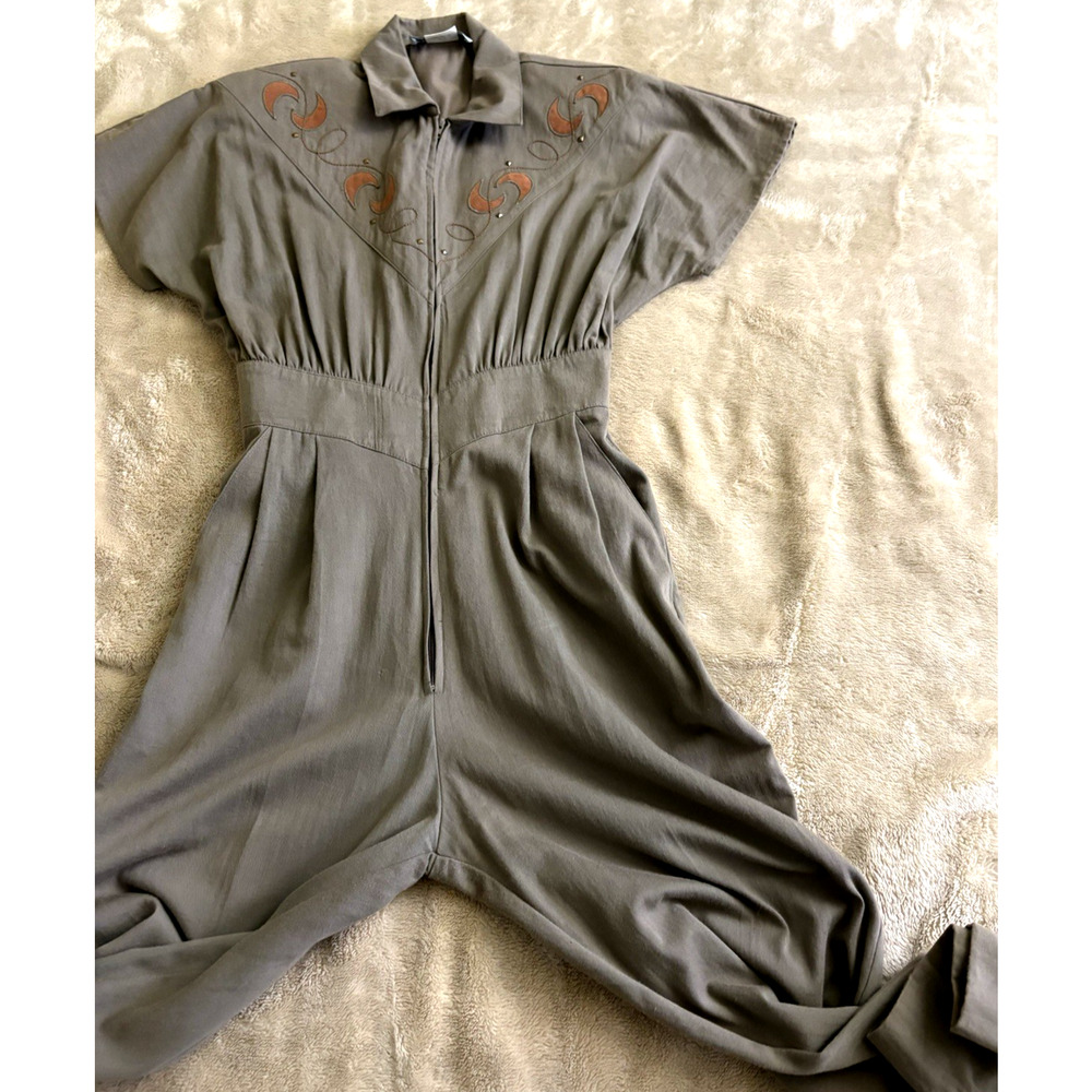 80's Joan Walters Jumpsuit Brown Chalders Pads Sz Medium 100% Cotton Made in USA - Picture 12 of 12